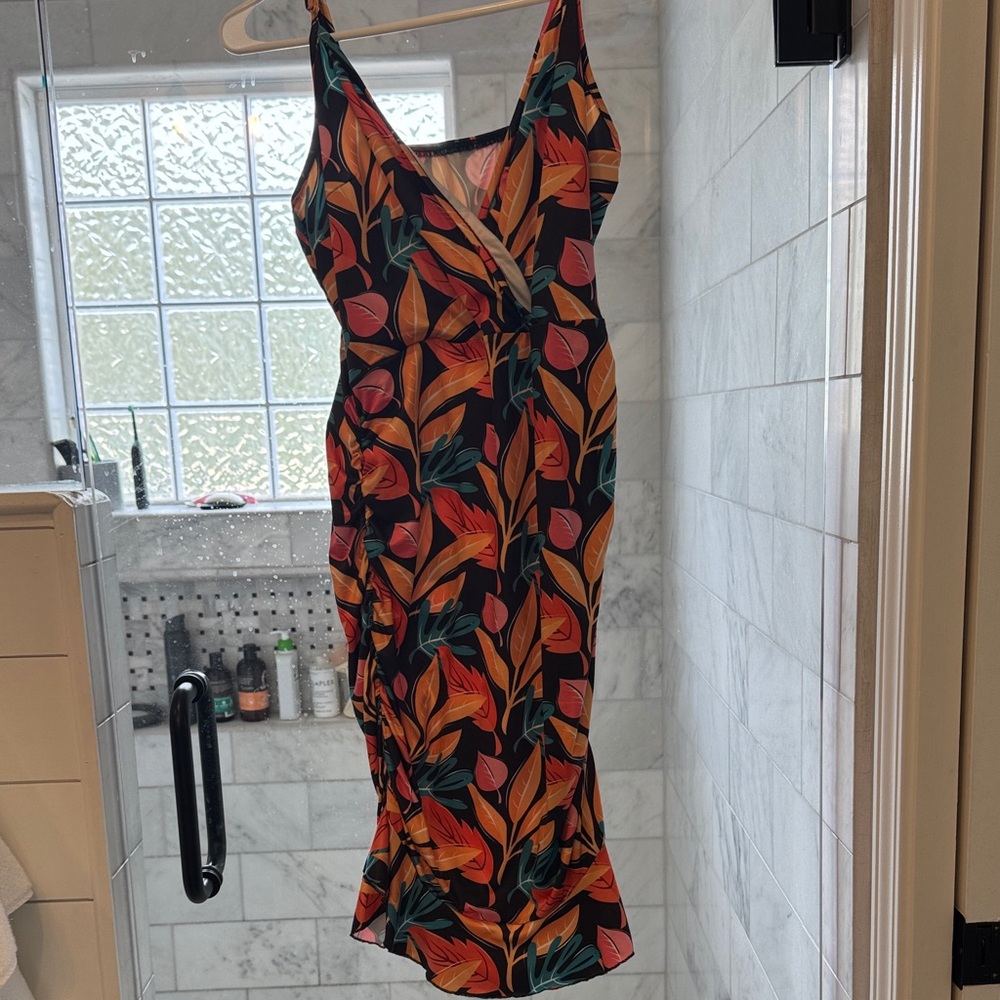 Floral Leaf Midi Dress in Black and Orange